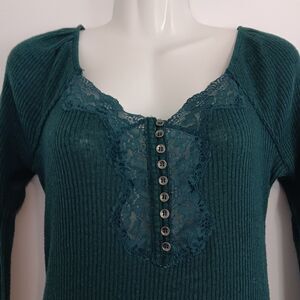 Y2K Boho Style Lace Detail Henley V-Neck Grunge Butterfly   Green Women SZ Large